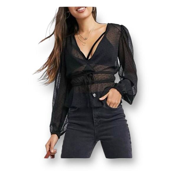 Stradivarius Sheer Black Blouse Top Size Medium - Picture 1 of 6